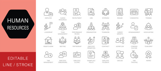 Human resources (HR) and recruitment line icon set. Thin line vector symbols for team management and employee onboarding. Includes remote work icons.