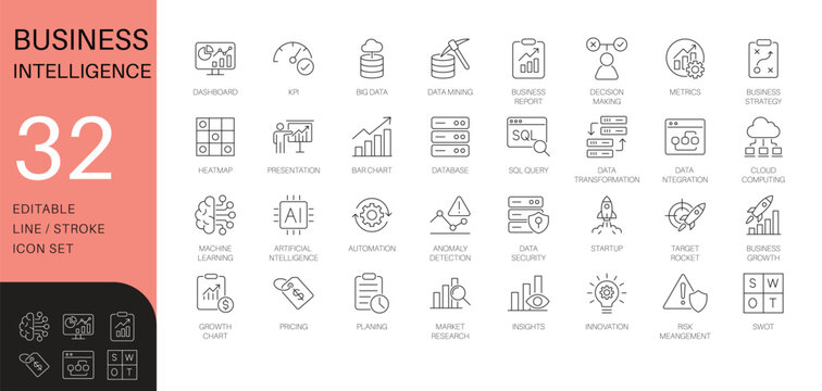 Business intelligence (BI) and data analytics line icon set. Thin line vector symbols for dashboard, big data, and machine learning. Includes AI and SQL icons.