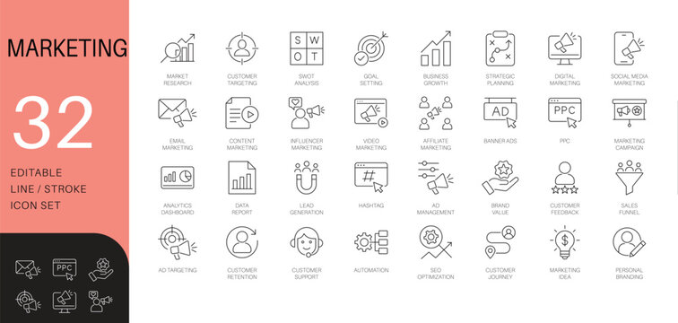 Digital marketing and advertising line icon set. Thin line vector symbols for SEO, PPC, and content marketing. Includes sales funnel and analytics icons.