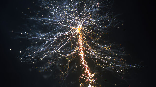 A beautiful pyramidal neuron receiving thousands of signals and firing a brilliant pulse of light down its axon.
