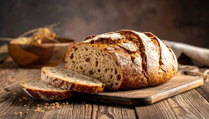 A delicious, rustic loaf of sliced bread on a wooden cutting board