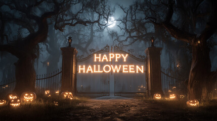 "Happy Halloween" written in glowing letters across an old haunted house’s gates, eerie shadows cast by the full moon, scattered jack-o’-lanterns lighting the path, dark trees with twisting branches.