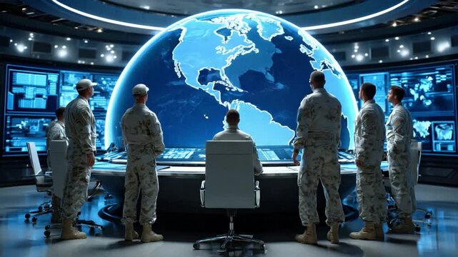 Command Center Insight: A group of individuals in uniform are absorbed in the data, with the glowing digital Earth map at the center, signifying a command center's crucial role in global operations. 