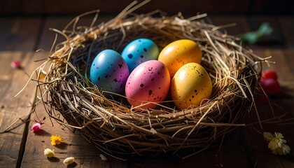 Obraz premium Colorful speckled eggs nestled in a twig nest on a wooden surface