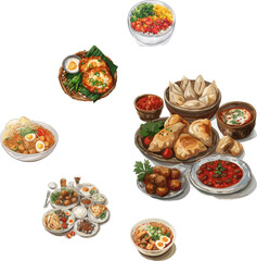 illustration of set Georgian and Hawaiian cuisine