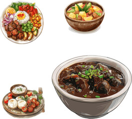 Set of Filipino and Hawaiian dishes, set of dishes no background 