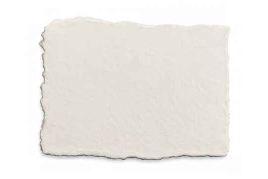 Torn paper sheet with rough deckle edges on transparent background, presenting rustic textured page or parchment