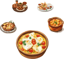 set of qatar cuisine and portugal cuisine in color style, set of international cuisine in color style