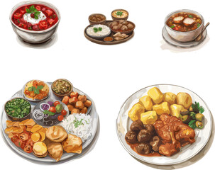 Polish and Qatari cuisine no background, set of country cuisine