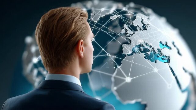 Global Vision: A visionary businessperson gazes intently at the globe, symbolizing international business strategy and global networking