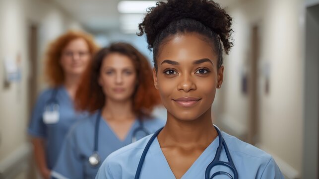 Confident young nurse standing with medical team in hospital corridor, symbolizing professionalism, teamwork, and healthcare dedication in modern clinical environment with focus on patient care - Powered by Adobe