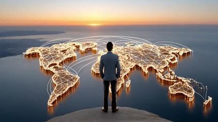 Global Vision: A business person, standing on a cliff, gazes at a glowing world map representing international networks, and connections, symbolizing ambition and global vision. - Powered by Adobe