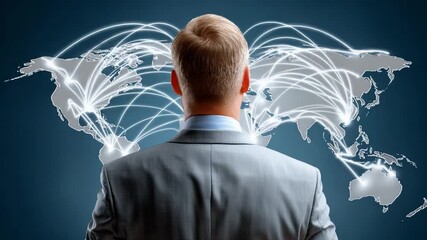 Global Vision: An executive gazes towards a glowing globe, lines of connection symbolizing the vast reach and influence of international business, innovation, and interconnected networks.
