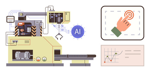 Fototapeta premium Factory machine with robotic arm, AI integration, touch interface, and data chart analytics. Ideal for innovation, automation, technology, AI manufacturing robotics efficiency. Simple flat