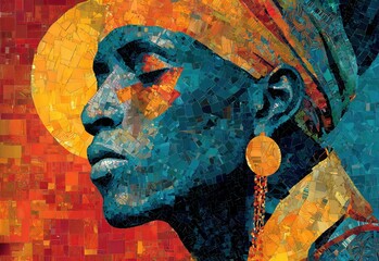 Portrait of a man, created with bright mosaic tiles.