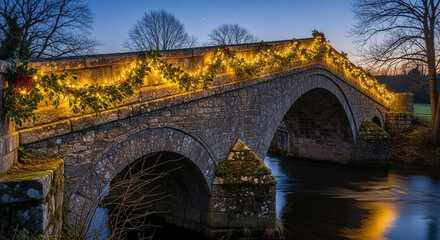 Picturesque stone arch bridge adorned with festive garland and twinkling lights, gracefully spanning a tranquil river at serene dusk, creating an enchanting winter evening landscape