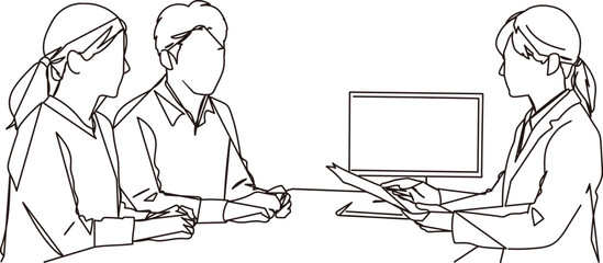 相談窓口で説明を受ける夫婦の線画イラスト素材