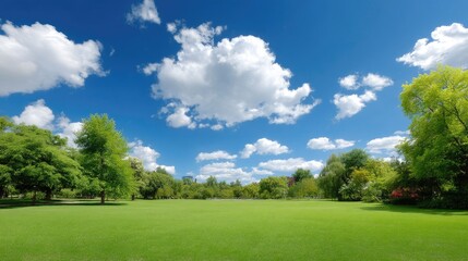 Obraz premium Lush Green Lawn Under Bright Blue Sky with Fluffy Clouds and Vibrant Trees