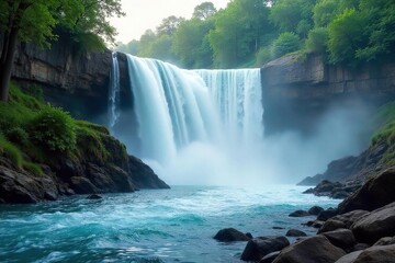 Fototapeta premium Powerful Waterfall Cascade Misty Spectacle of Natures Raw Beauty, Vibrant Water Crashing Down Rugged Rocks Amid Lush Green Foliage, Stunning Visual Impact