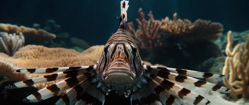 A venomous Lionfish dramatically flares its beautiful but dangerous pectoral fins as it prepares to hunt, captured in tense slow motion.