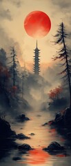 A painting in black and red depicting a traditional Asian pagoda.