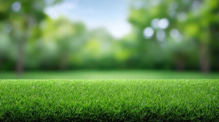Naklejka premium Lush Green Grass Field Under a Bright Sky with Trees Blurred in the Background