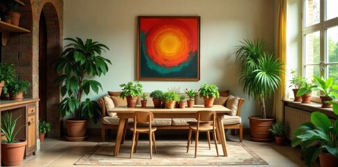 Bohemian Living Room with Lush Greenery and Textures A vibrant bohemian living room. Lush green potted plants of various sizes are placed throughout the room. Richly patterned textiles drape over