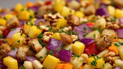 Colorful Vegetable and Dessert Salad with Nuts, Croutons, and Fresh Herbs in a Bowl