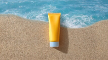 Bright Yellow Tube of Sunscreen on Sandy Beach with Ocean Waves in Background