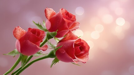 Obraz premium Stunning Close-Up of Fresh Red Roses with Dew Drops Against a Blurred Pink Background for Floral Designs