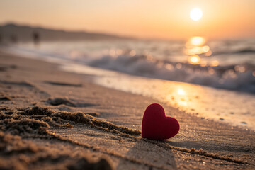 A small red heart shape resting on a sandy beach for valentine and love symbol for romantic 