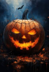 A carved pumpkin with a creepy smile. Halloween atmosphere.