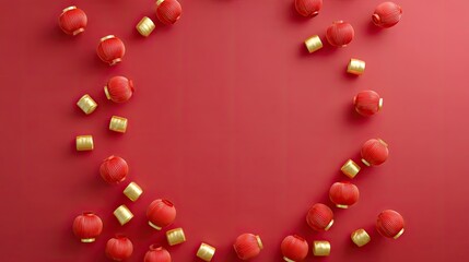 Obraz premium Festive Red Lanterns and Golden Decorations on a Bright Red Background for Celebrations and Cultural Events