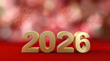 Golden numbers representing the year 2026 with festive fireworks background in a vibrant red and bokeh setting