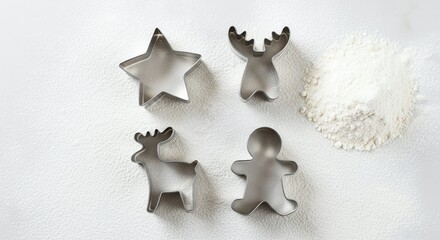 Fototapeta premium A top-down view of six metal Christmas cookie cutters (star, reindeer, tree, gingerbread man) arranged on a white surface dusted with flour