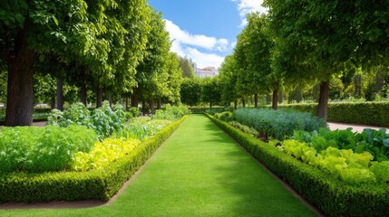 Obraz premium Lush Green Garden Path Surrounded by Vibrant Vegetation and Trees Under a Bright Blue Sky
