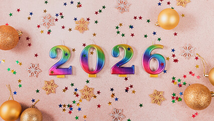 Celebrate 2026 with festive rainbow candles and shimmering ornaments, promising joy and a bright...