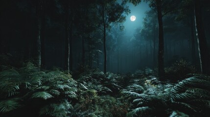 dark forest with ferns under moonlight
