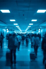 Abstract blue motion blur image of people walking through a modern airport or station terminal, symbolizing travel, speed, urban life, business movement, technology, and futuristic transportation envi