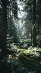 Fototapeta premium Lush, sunlit forest scene with tall trees, mossy ground, and filtered light