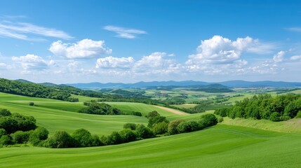 Obraz premium Stunning Green Hillside Landscape Under Bright Sky with Fluffy Clouds and Distant Mountain Range