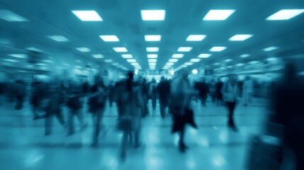 Abstract blue motion blur image of people walking through a modern airport or station terminal, symbolizing travel, speed, urban life, business movement, technology, and futuristic transportation envi
