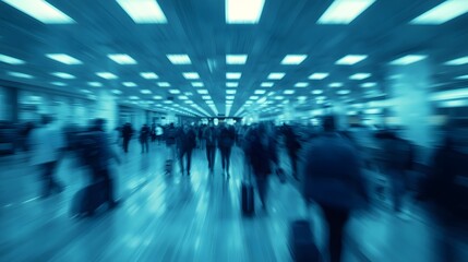 Abstract blue motion blur image of people walking through a modern airport or station terminal, symbolizing travel, speed, urban life, business movement, technology, and futuristic transportation envi