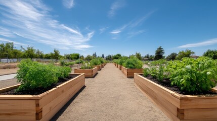 Vibrant Community Garden Pathway with Lush Green Plants and Bright Blue Sky in Summer