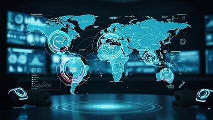 Futuristic world map with data visualization elements in a tech setting. - Powered by Adobe