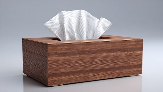 Wooden tissue box holds white folded paper sheets on a clean background. - Powered by Adobe