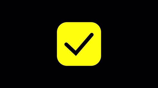 Yellow check mark animation checklist icon button that symbolizes OK or accepted with black background