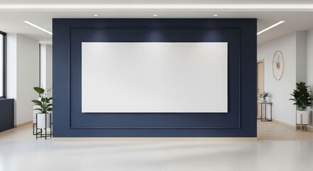 Modern office interior with a large blank white display screen on a dark blue wall.