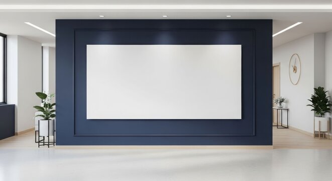 Modern office interior with a large blank white display screen on a dark blue wall.