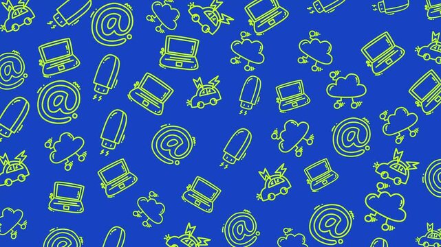 Tech doodle featuring yellow animation of laptops cars flash drives clouds and symbols.